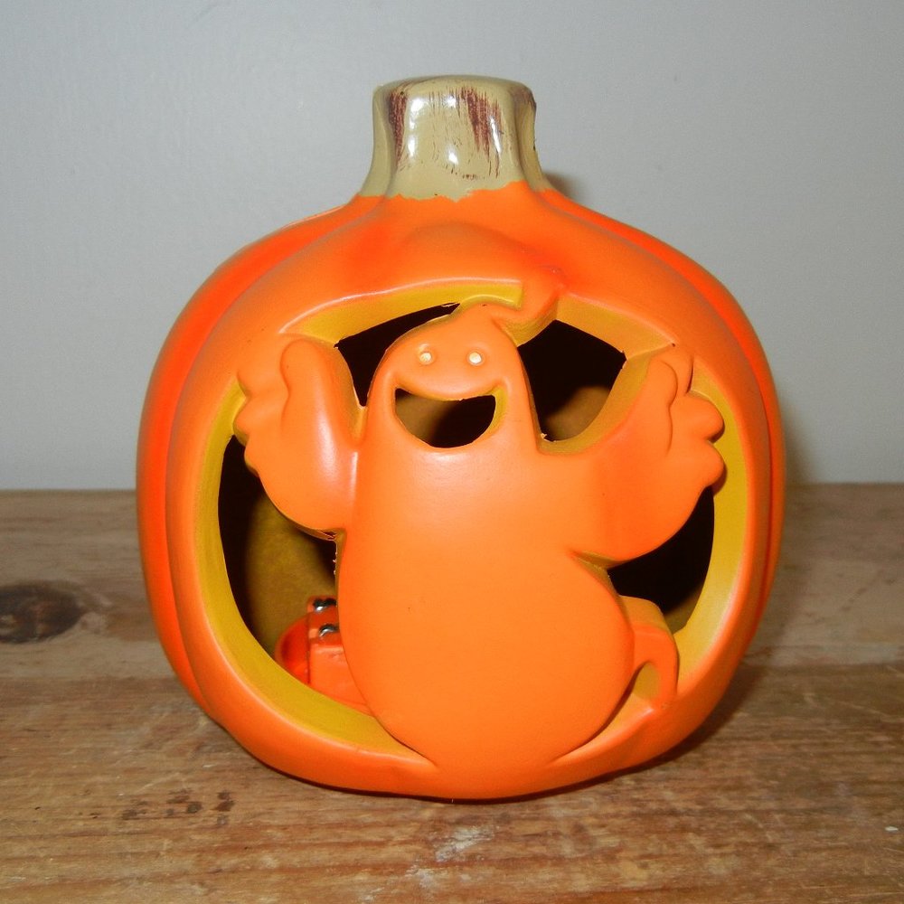 5" Ghost Jack O Lantern Pumpkin Plastic Blow Mold Light Up Halloween Decor